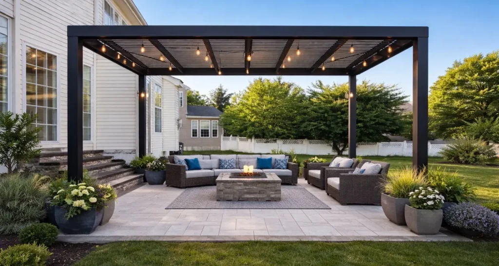 Modern black metal pergola over a stone patio with outdoor furniture and a central fire pit.